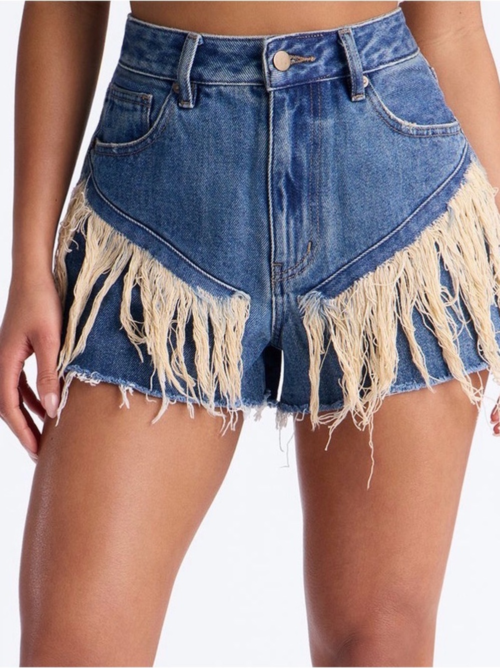 Fashion Nova High-Waist Blue Denim Shorts with Cream Fringe